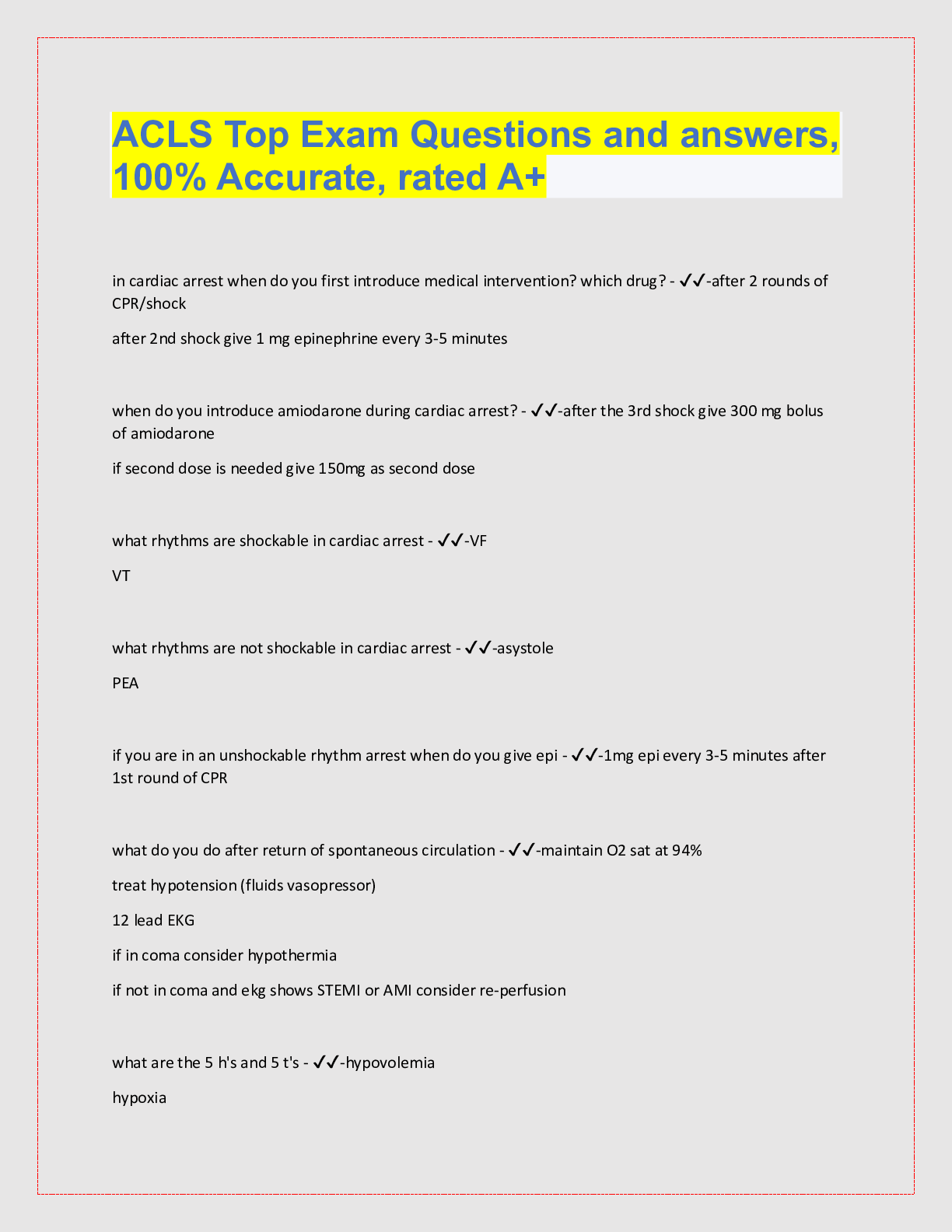 Preview image for ACLS Top Exam Questions and answers,  100% Accurate, rated A+